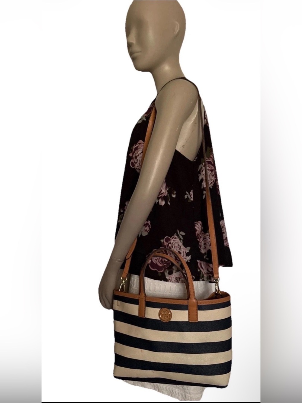 Tory Burch Navy and Cream Striped Tote with Tan Leather Accents - Picture 1 of 16